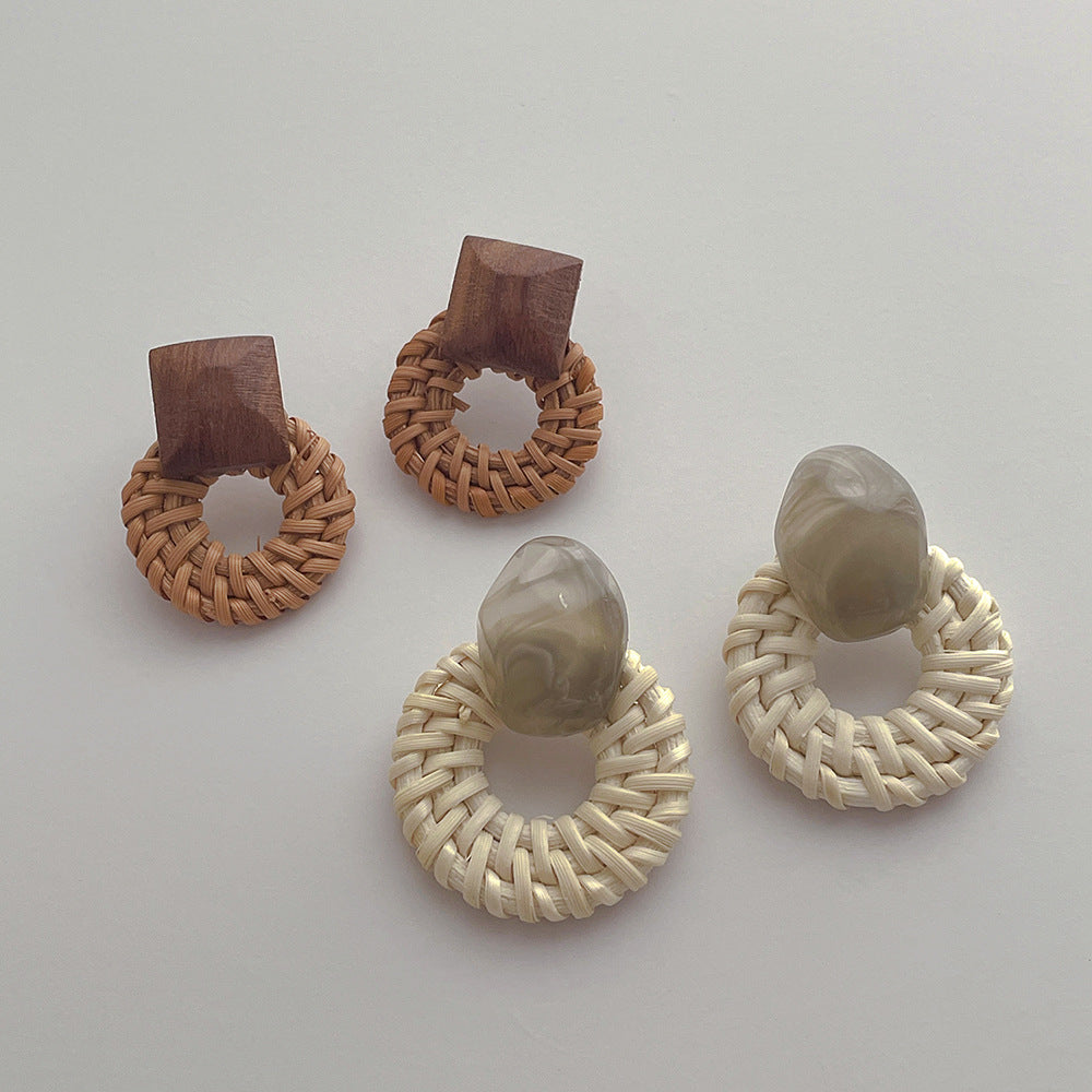 Vintage Handmade Rattan Round Drop Earrings