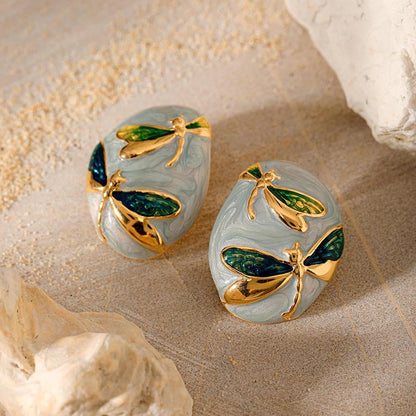 Asymmetrical Oval Enamel Dragonfly Stud Earring