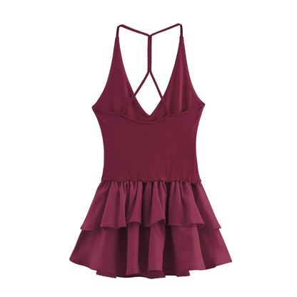 Trendy Solid Color Ruffle Hem Halter Dress
