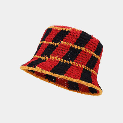 Contrast Color Plaid Casual Crochet Bucket Hat