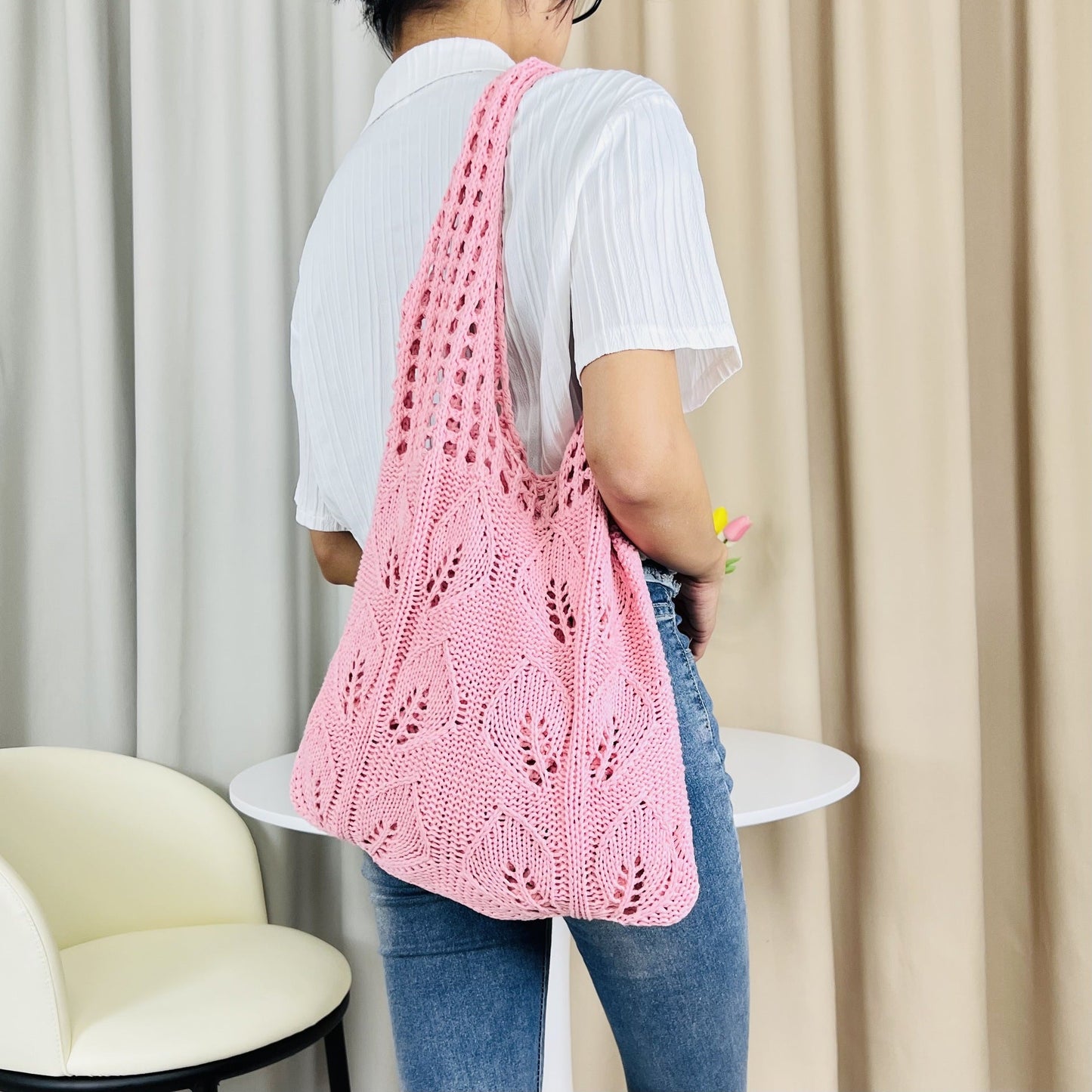 Solid Color Hollow Out Knit Shoulder Tote Bag