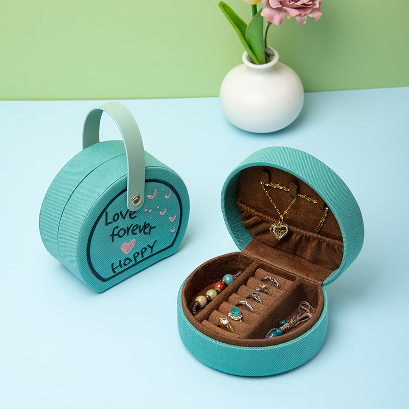 Denim Heart Embroidered Jewelry Box with Handle