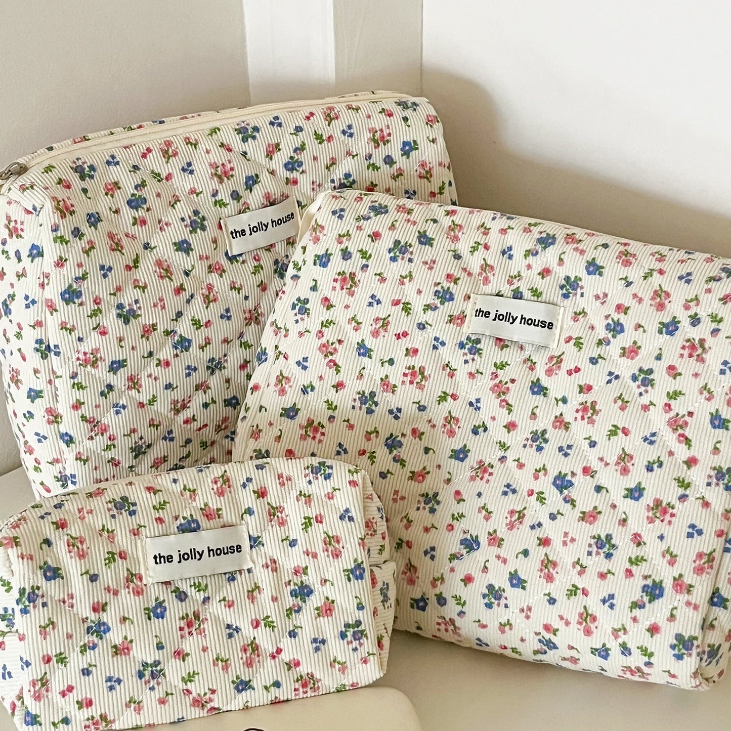 Corduroy Flower Print Sweet Make Up Bag