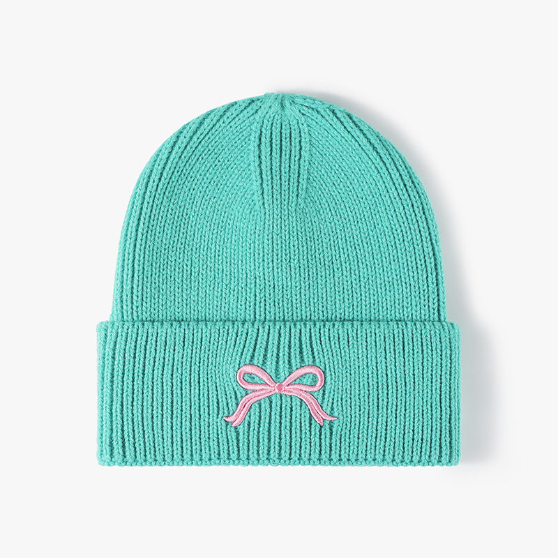 Cute Bow Embroidery Cuffed Thicken Knit Beanie