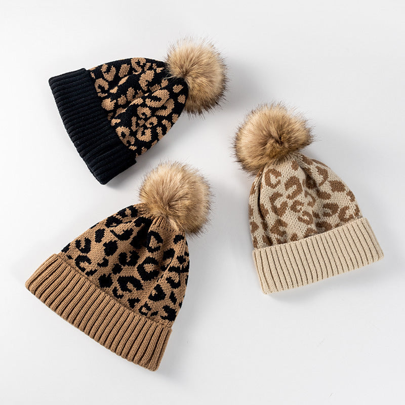 Leopard Print Warm Knit Pom Beanie
