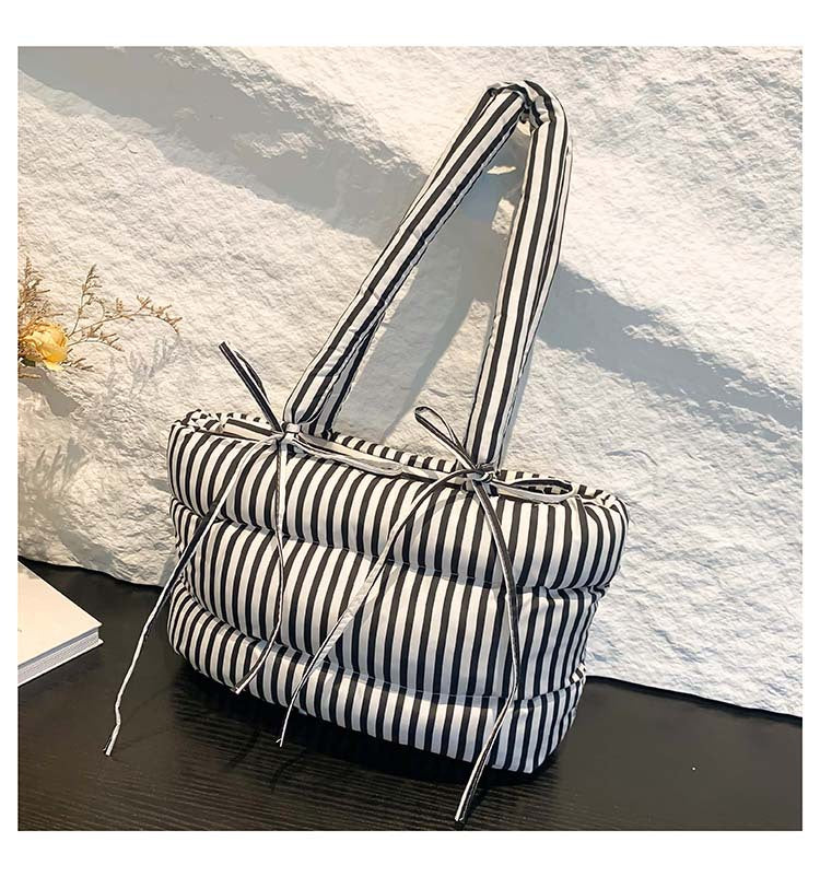 Striped Puffer Bow Knot Shoulder Handbag