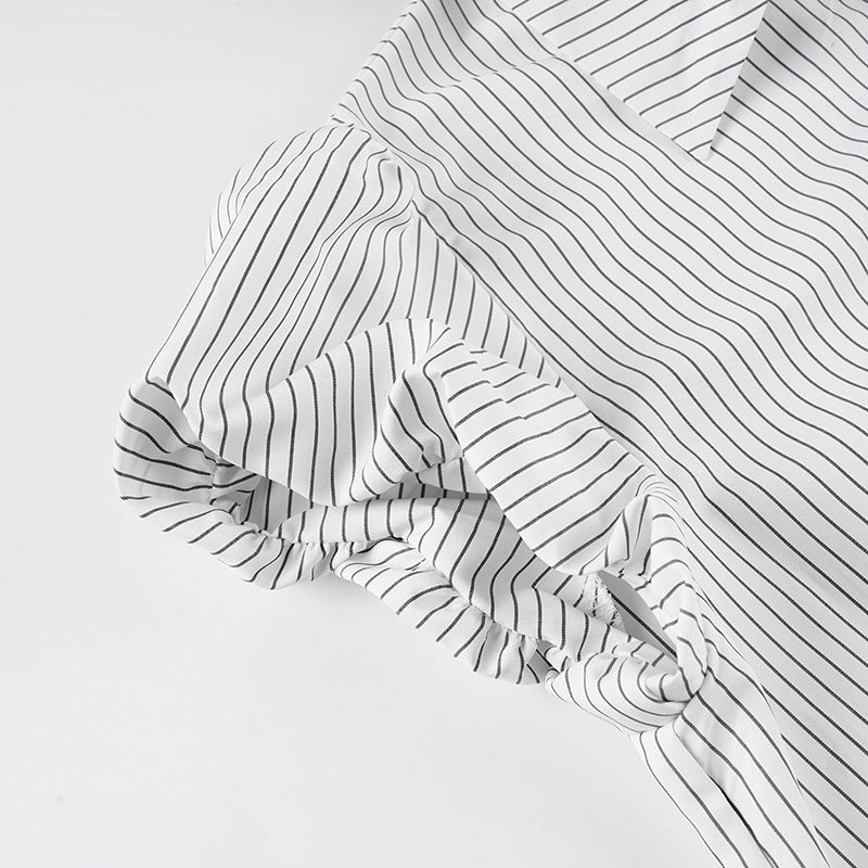 Simple Striped Button Down Tie Waist Shirt
