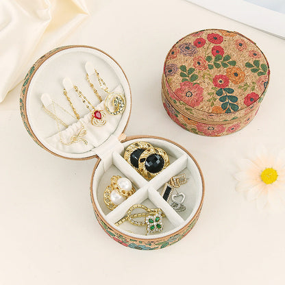 Vintage Flower Print Round Wooden Jewelry Case