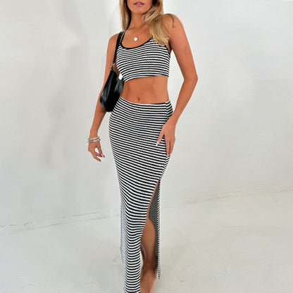 Sexy Striped Cami Split Skirt Sets