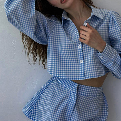 Elegant Lapel Collar Plaid Shirt Shorts Sets