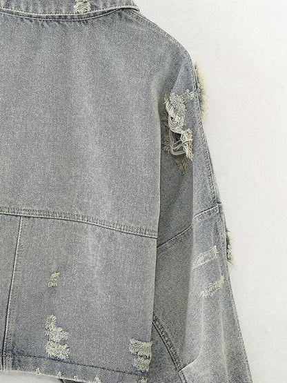 Trendy Ripped Denim Long Sleeve Cropped Jacket