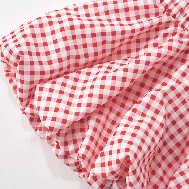 Cute Bow Top Plaid Puffy MIni Skirt Set