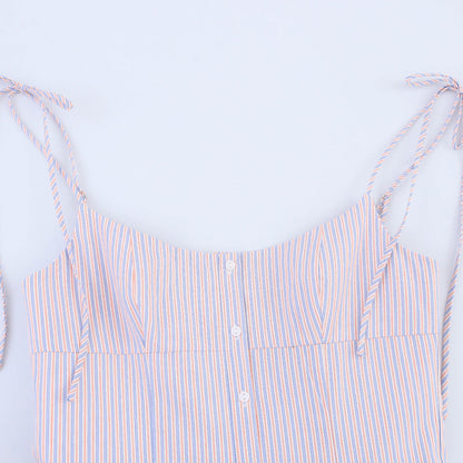 Sweet Striped Buttons String Puffy Mini Dresses