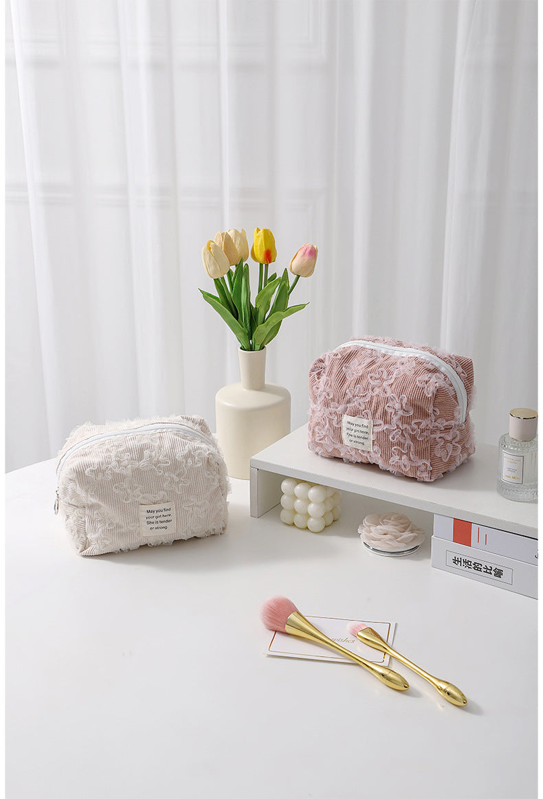 Lace Jacquard Portable Corduroy Cosmetic Bag