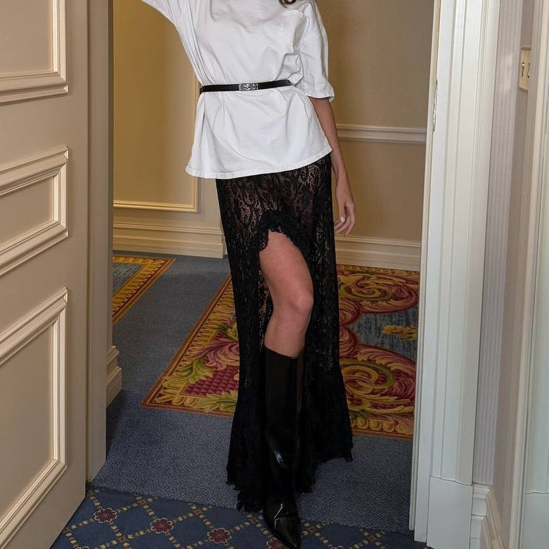 Trendy Asymmetrical Lace Side Slit Midi Skirt
