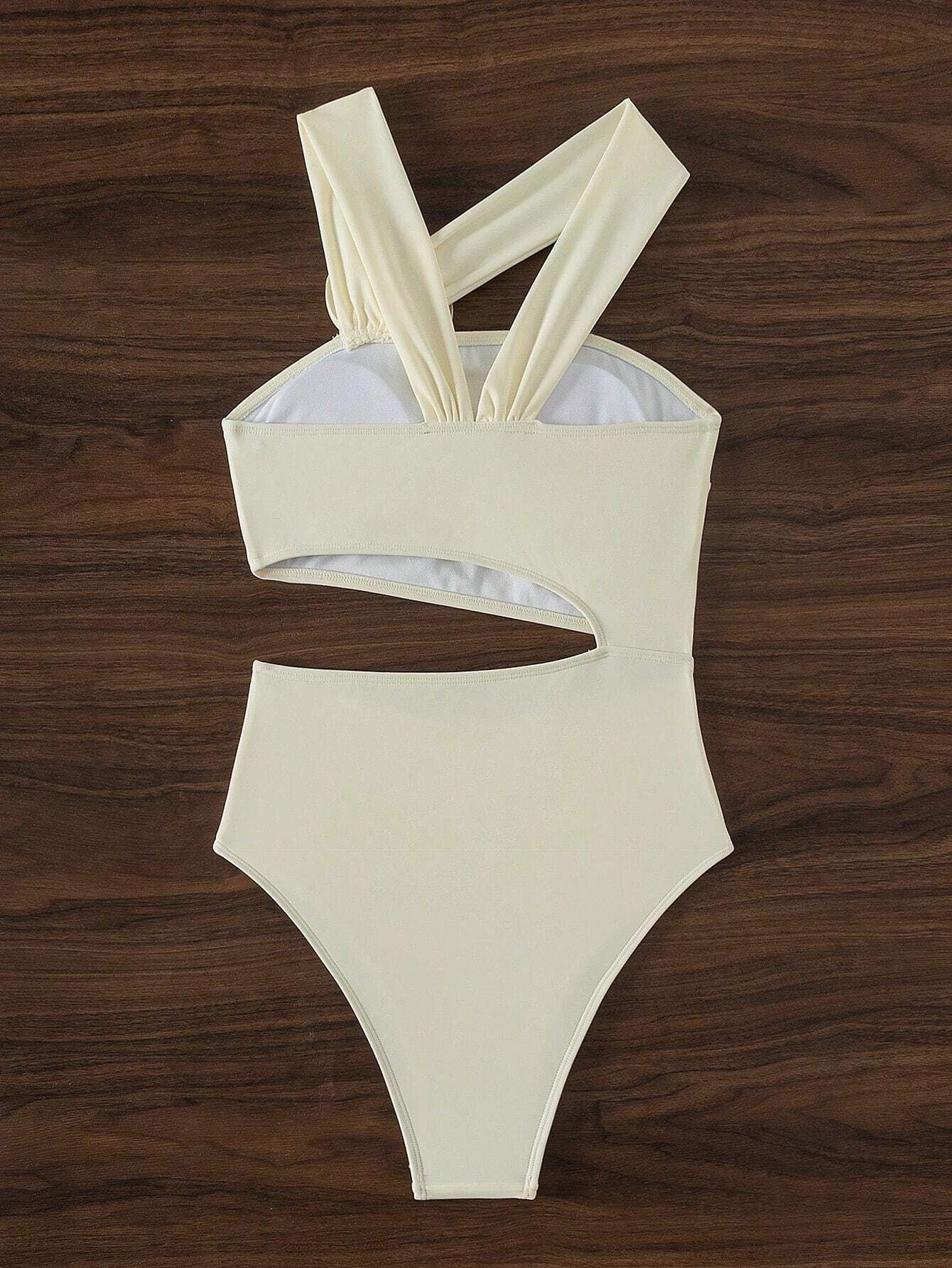 White Flower Solid Color One Piece Swimwear
