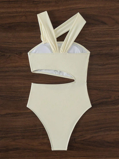 White Flower Solid Color One Piece Swimwear