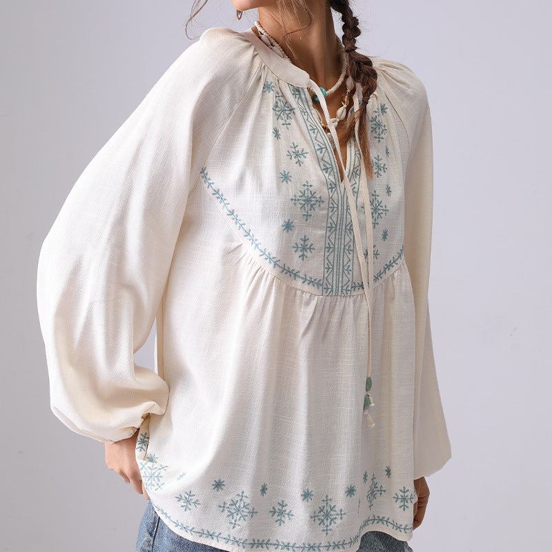 Floral Embroidered V-Neck String Loose Shirt