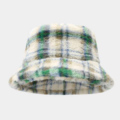 Color Block Plaid Soft Fleece Bucket Hat