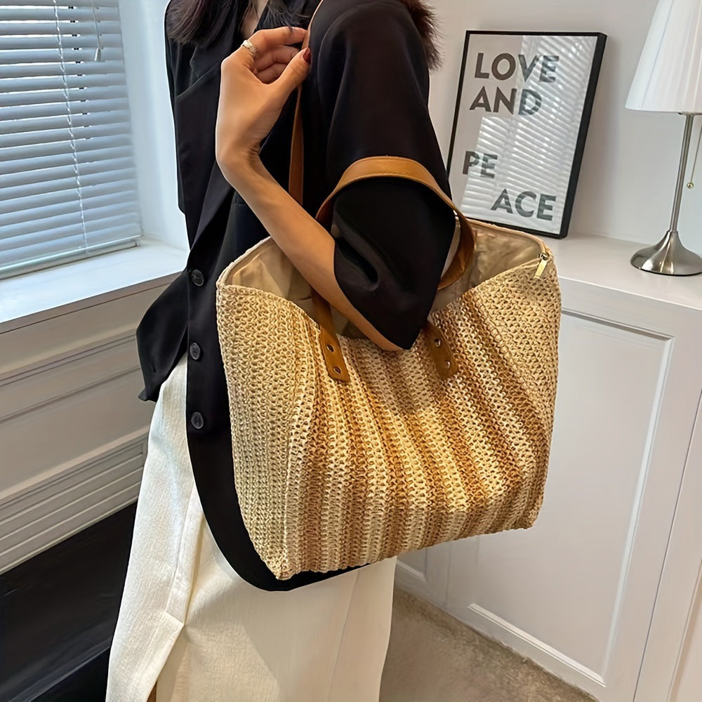 Striped Large Capacity Woven Shoulder Tote Bag