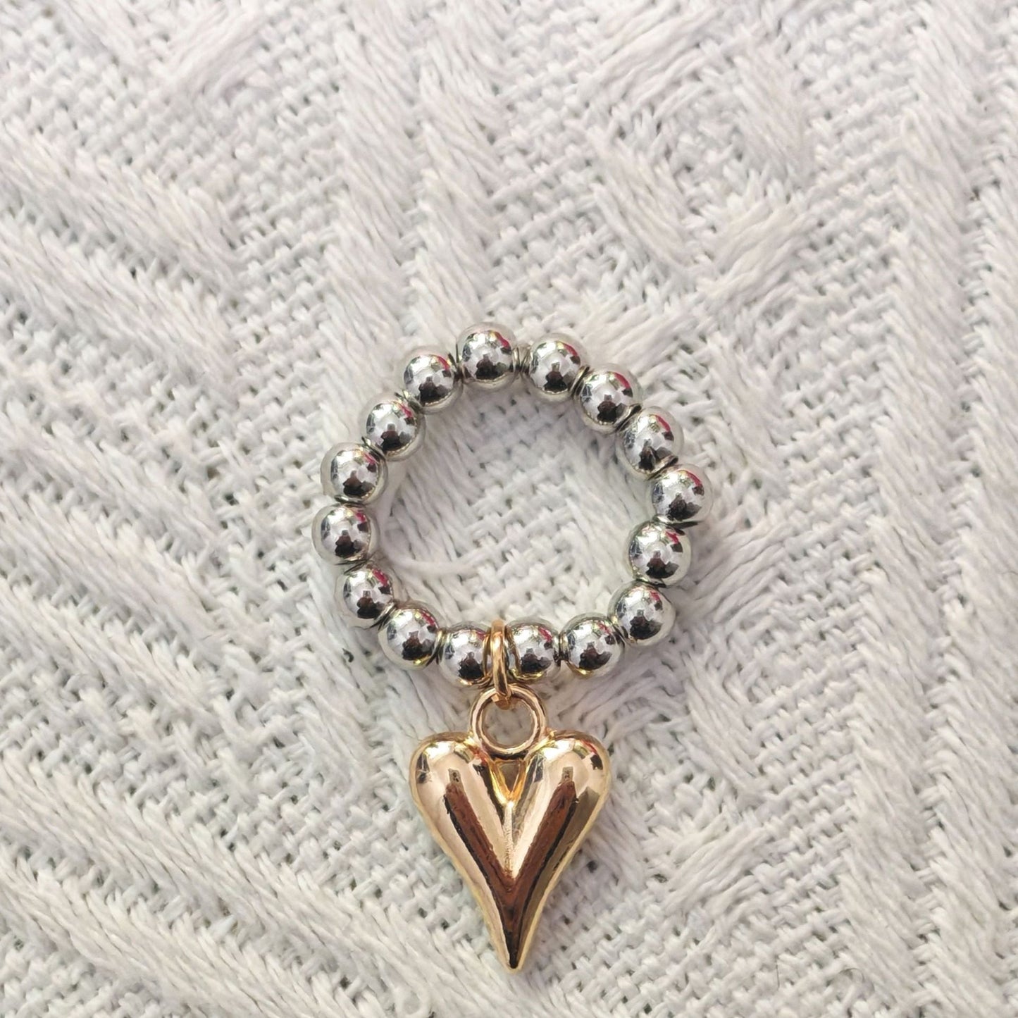 Vintage Beaded Heart Pendant Elastic Ring