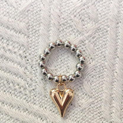 Vintage Beaded Heart Pendant Elastic Ring