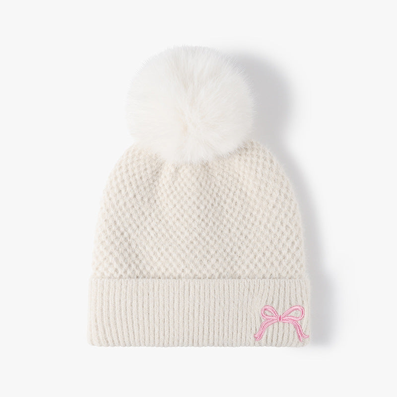 Cute Bow Embroidery Pom Pom Thicken Beanie