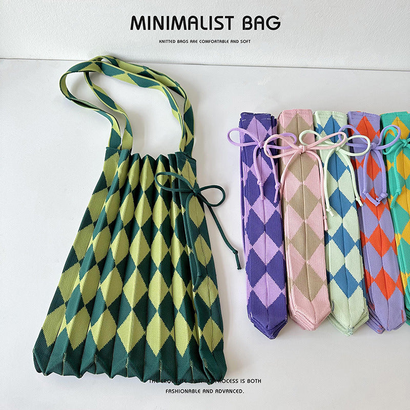 Colorful Plaid Simple Folded Knit Shoulder Bag