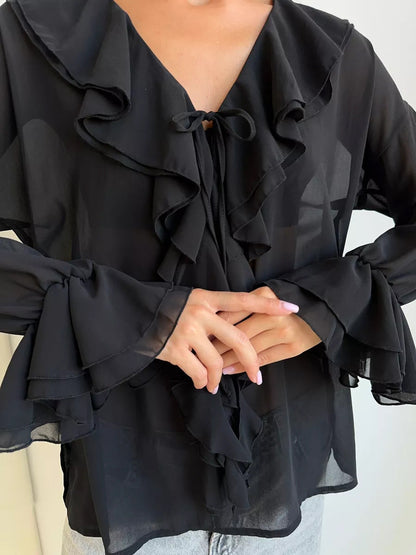 Ruffle V-Neck See Through String Tops