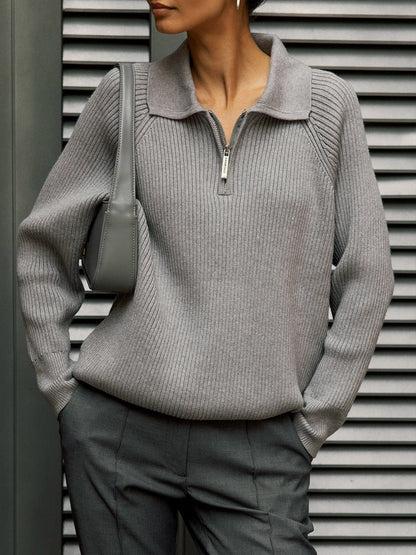 Solid Color Zipper Sweater Loose Knit Sweater