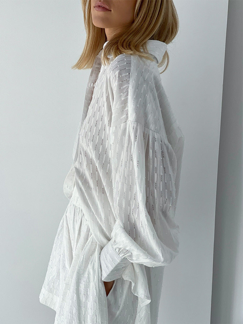 Jacquard Puff Sleeve Shirt Short Set