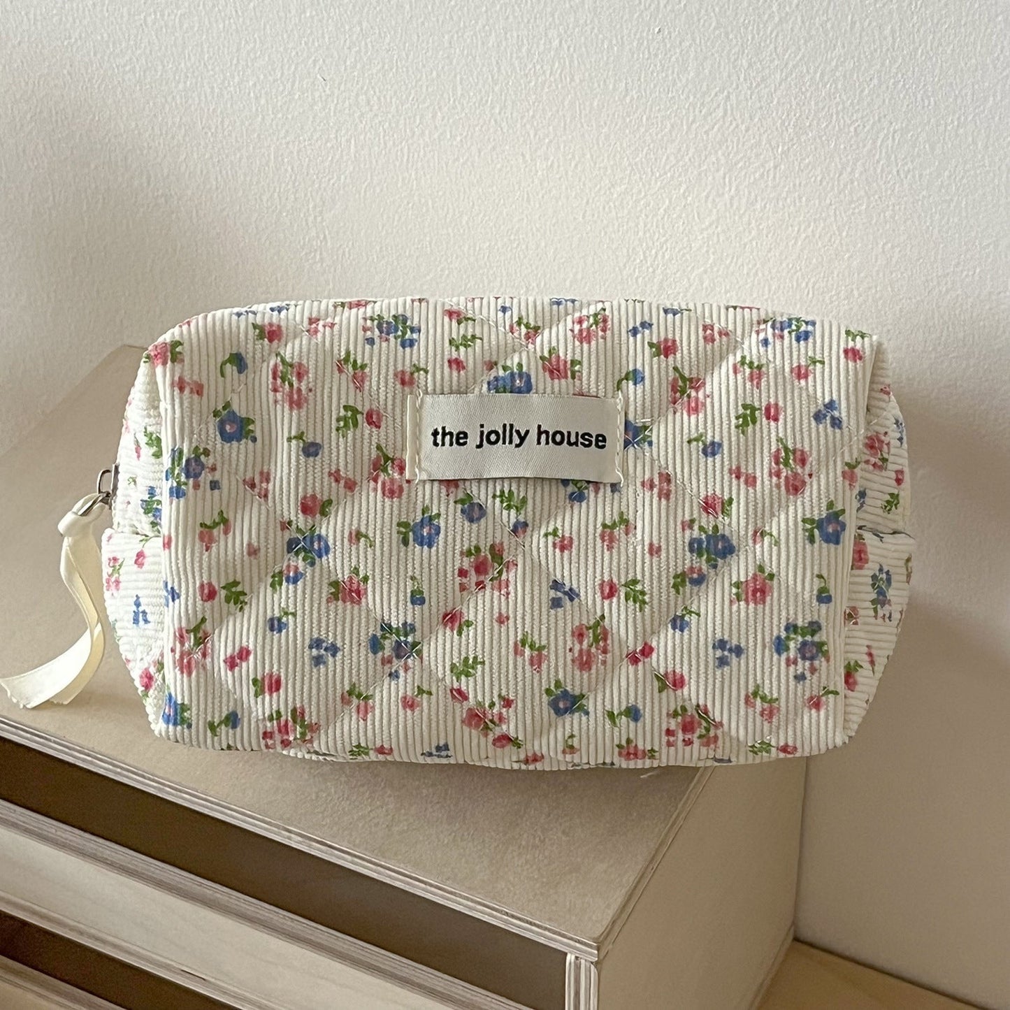 Corduroy Flower Print Sweet Make Up Bag
