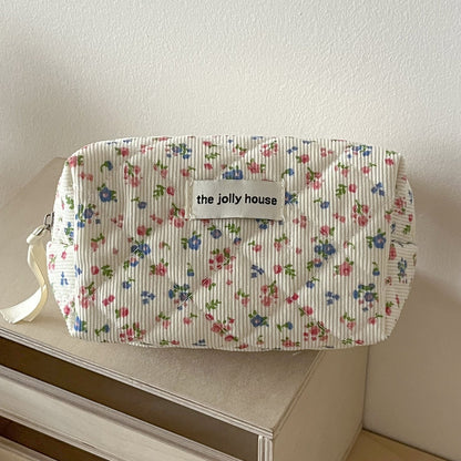 Corduroy Flower Print Sweet Make Up Bag
