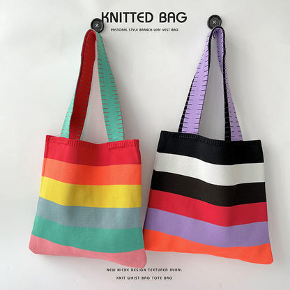 Rainbow Splice Color Block Knit Tote Bag