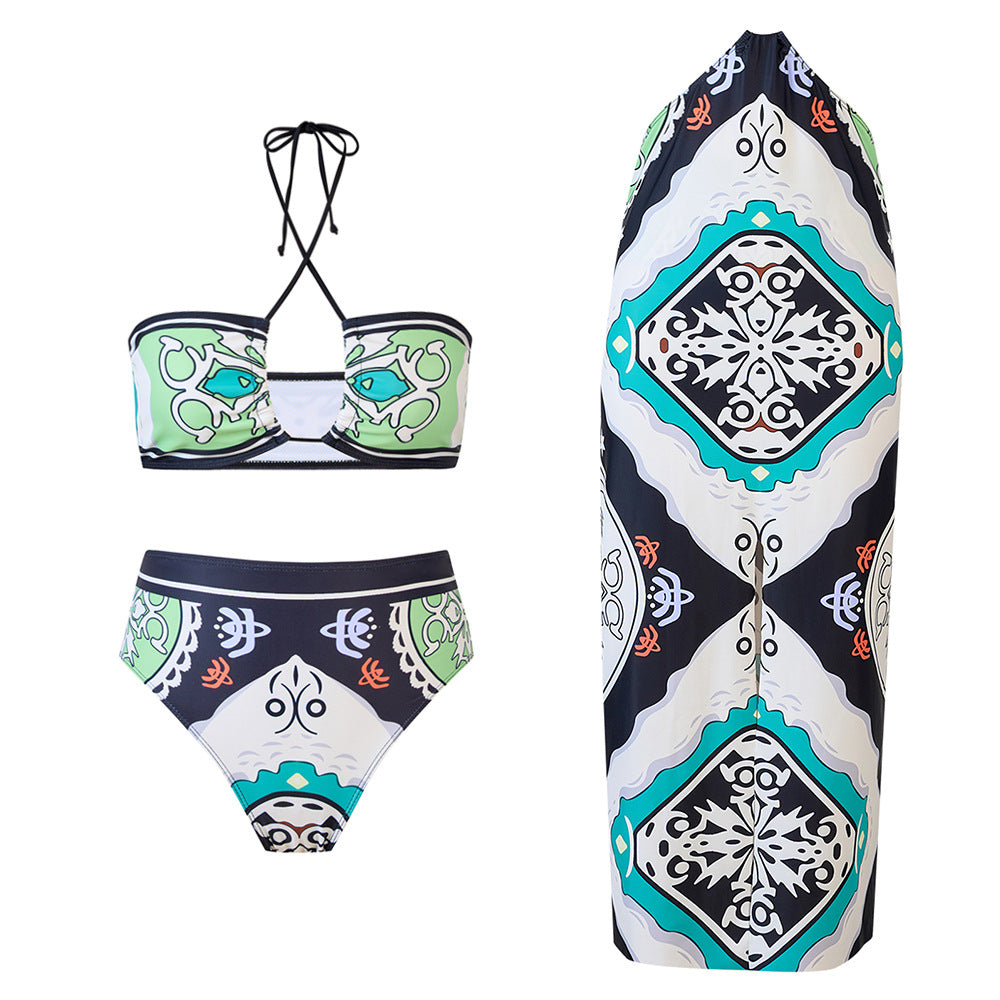 3PCS Vintage Print Sexy Halter Swimwear
