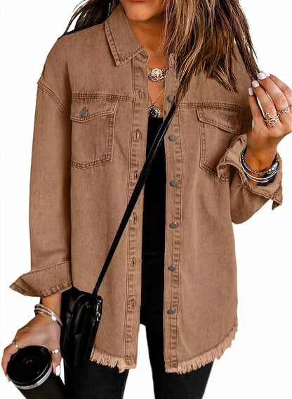 Trendy Washed Long Sleeve Frayed Hem Jacket