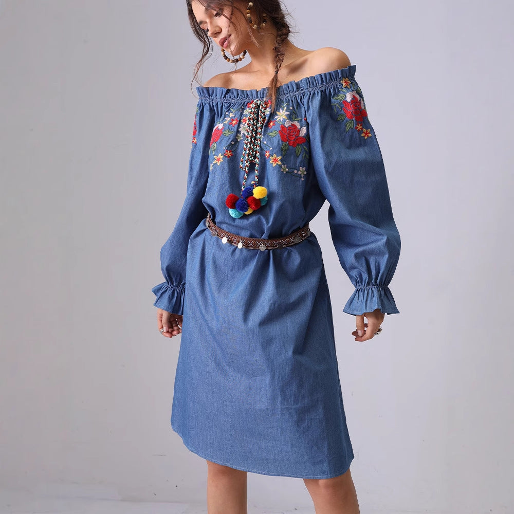 Off Shoulder Flower Embroidered Mid Denim Dress