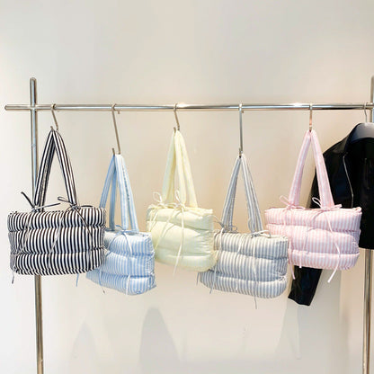 Striped Puffer Bow Knot Shoulder Handbag