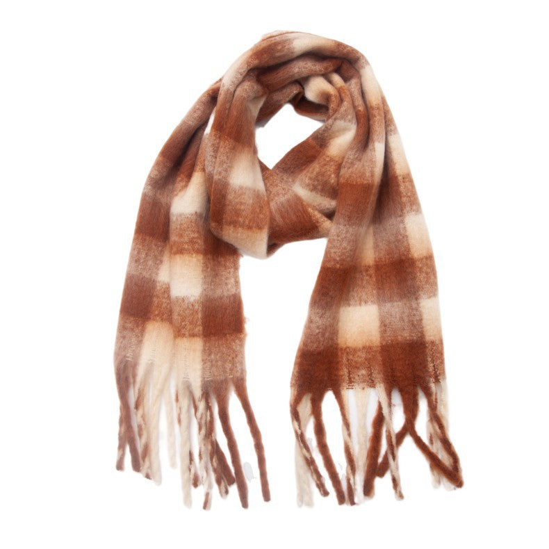 Plaid Contrast Color Tassel Scarves