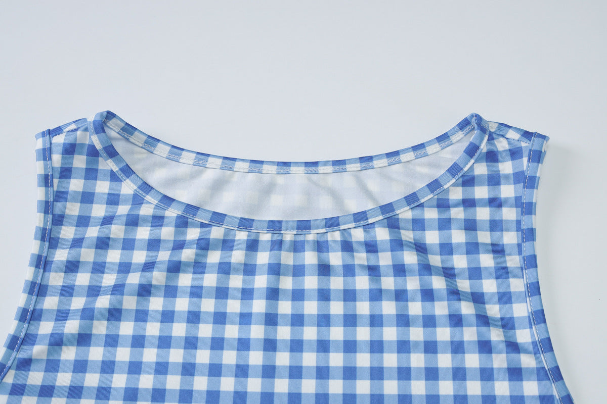 Casual Color Block Plaid Vest Shorts Set