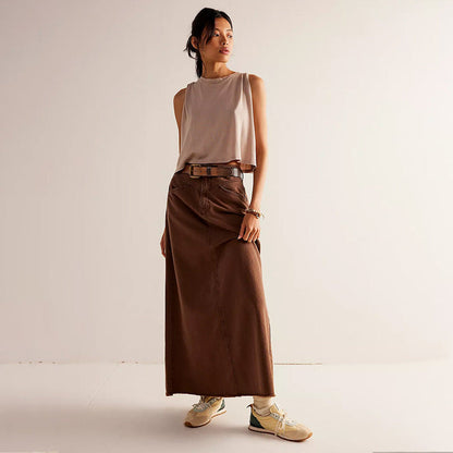 Washed Raw Hem Casual Denim Maxi Skirts
