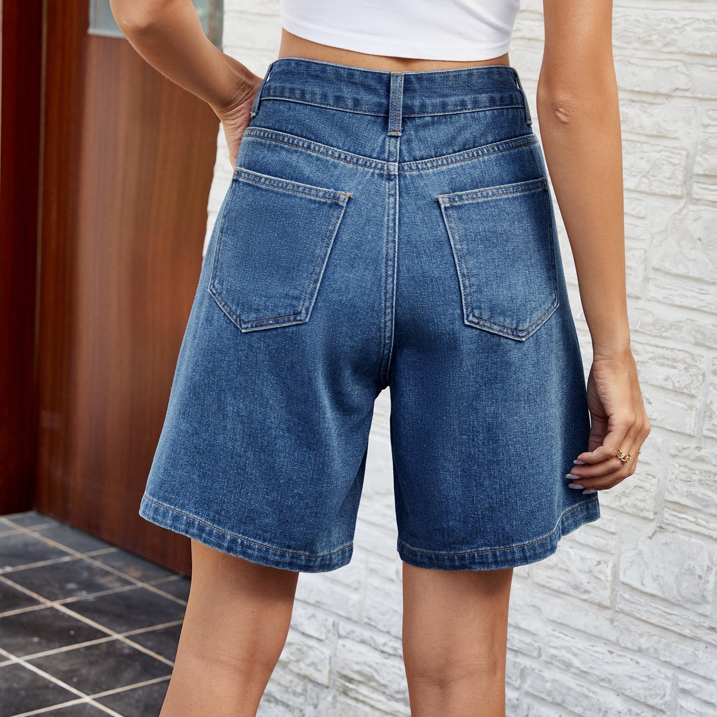 Casual Washed High Waist Bermuda Shorts