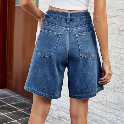Casual Washed High Waist Bermuda Shorts