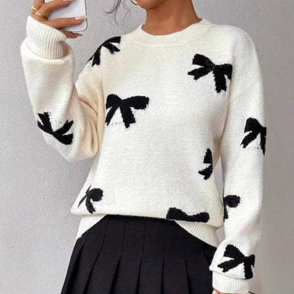 Elegant Round Neck Bow Jacquard Knit Sweater