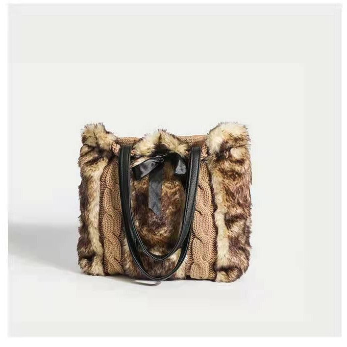 Leopard Knit Patchwork Plush Shoulder Tote Bag