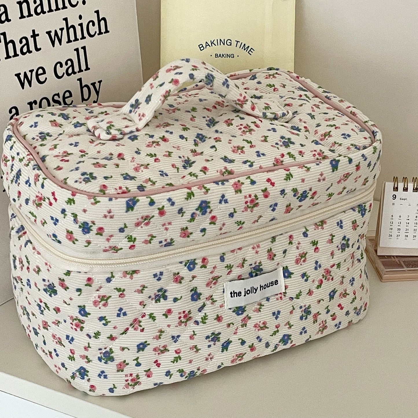 Corduroy Flower Print Sweet Make Up Bag