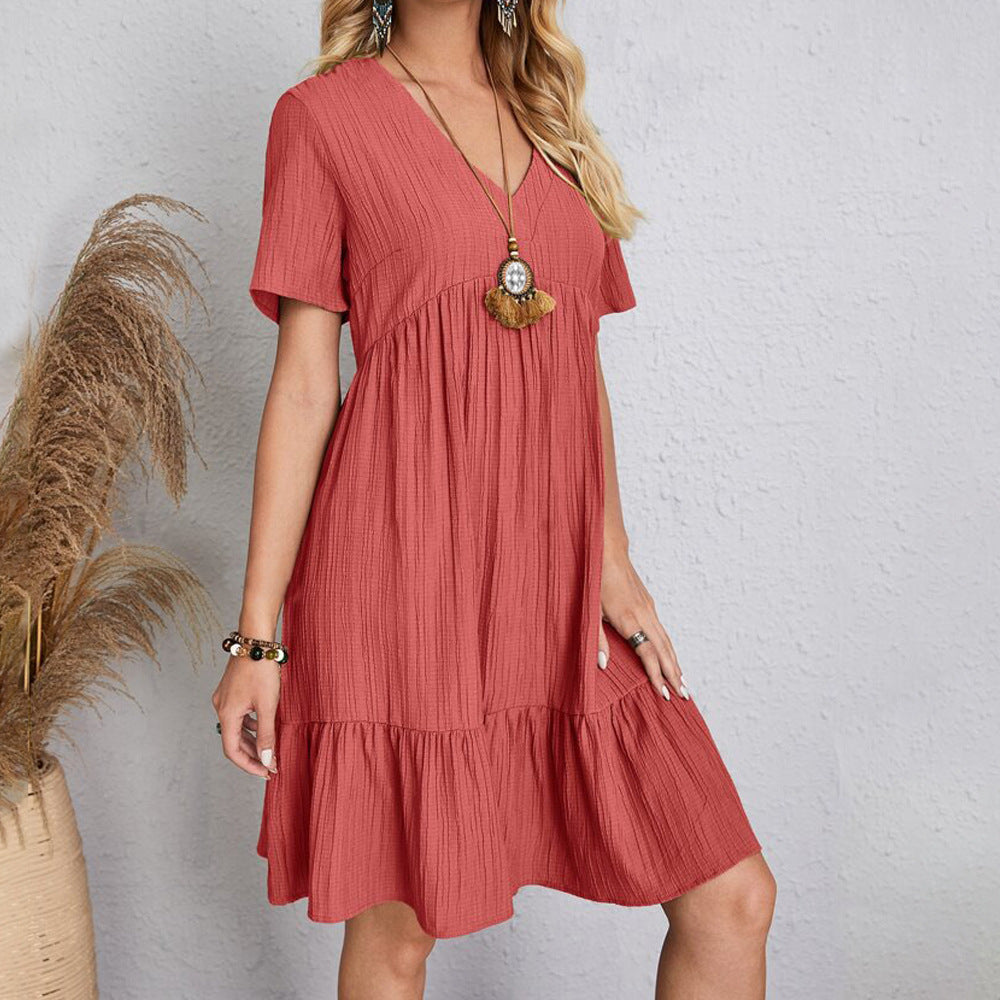 V-Neck Solid Color Short Sleeves Mini Dress
