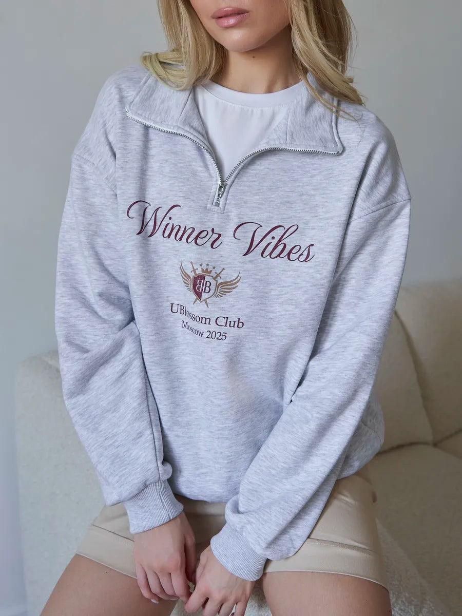 Letter Print Lapel Collar Half Zip Sweatshirt