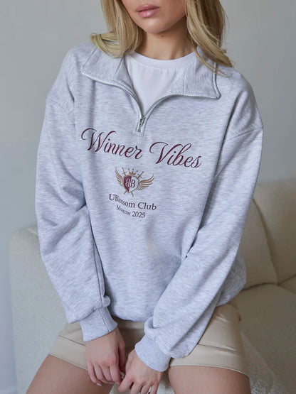 Letter Print Lapel Collar Half Zip Sweatshirt