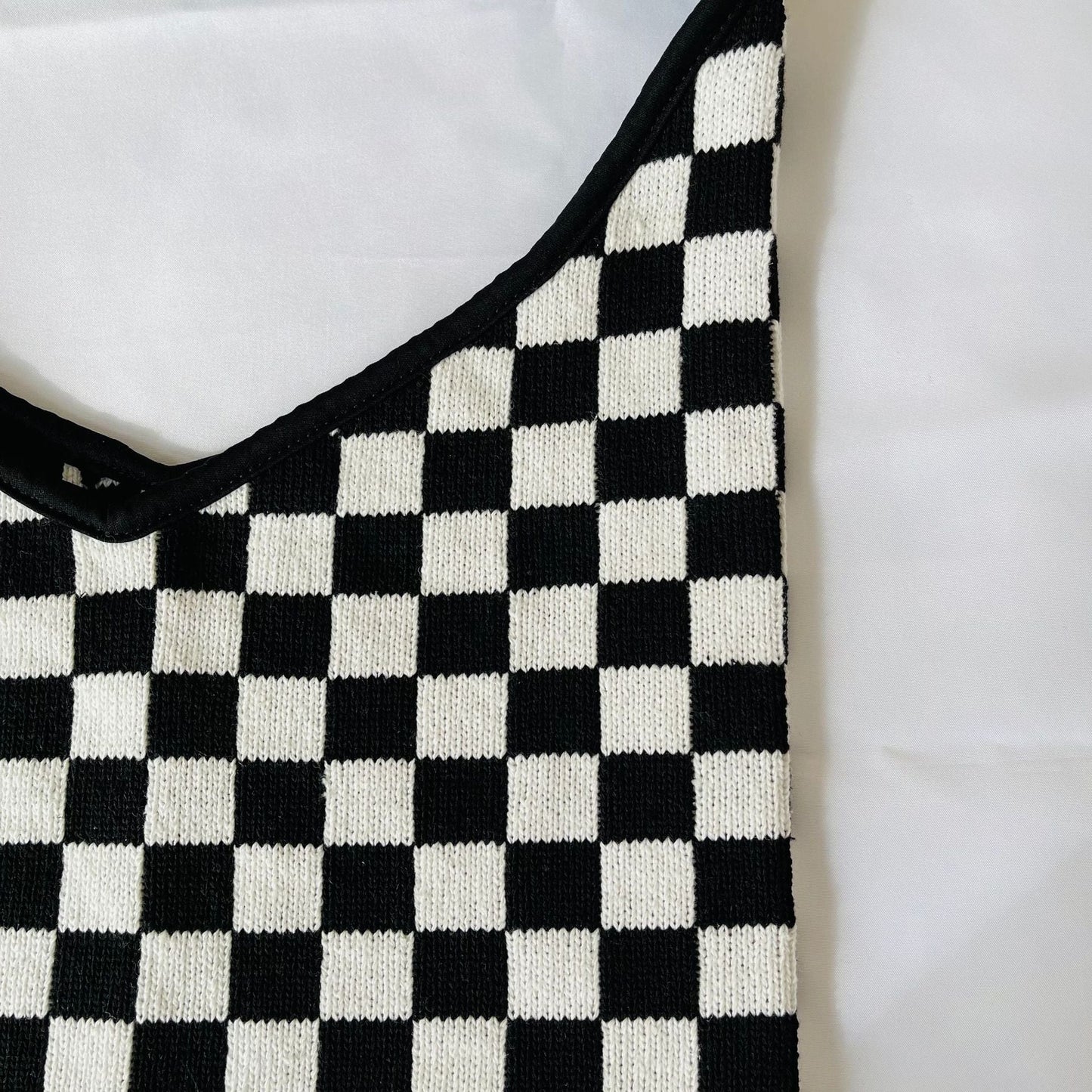 Black & Withe Plaid Color Block Knit Tote Shoulder Bag